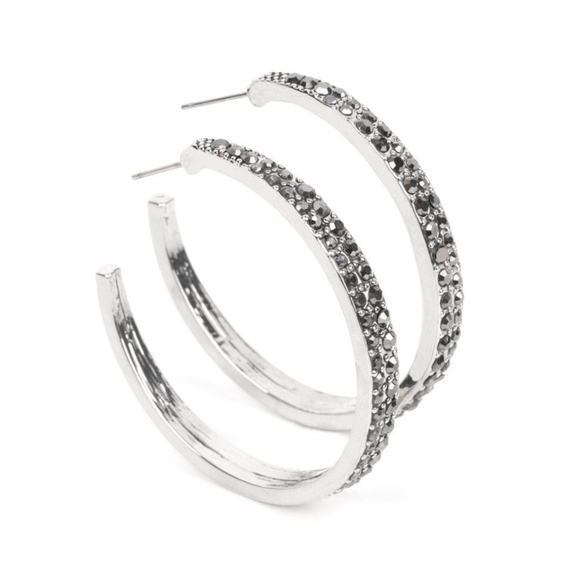 Paparazzi Silver Crystal Hoop Earrings Tick, Tick, Boom! Hematite Bling - Picture 1 of 3